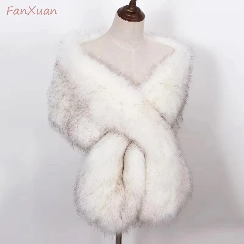 FAUX FOX FUR FEMMES enveloppe le tippet en peluche long pour la femme écharpe Crape de fête robe de fourrure moelleuse grande mariée poncho 25081
