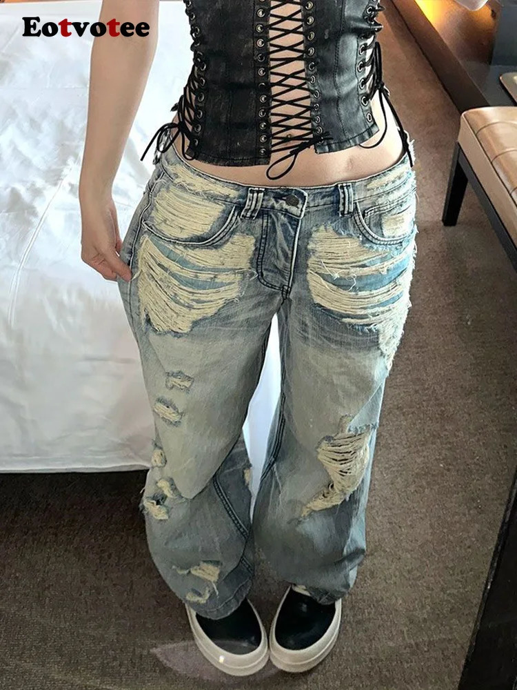American Style High Street Tie Vintage Hole Jeans Femmes Y2K Fashion High Taist Baggy Pantalon de jambe Casual Loose Jeans 250811