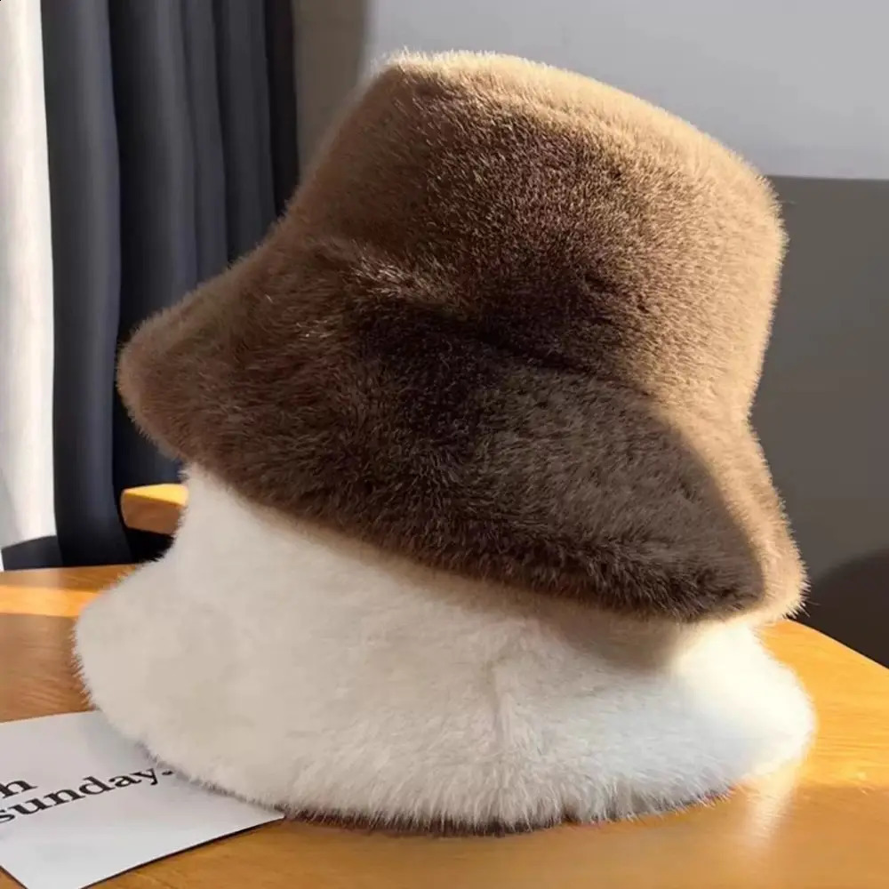 Fluffy Fur Fisherman Hat For Women Winter Plush Ear Protection Cap Windproof Warm Female Panama Caps Solid Fashion Bucket Hat 250815