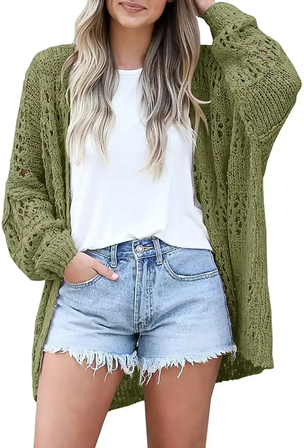 Cardigan à crochet long Cardigan Sweater à point ouvert creux à manches longues pour femmes Vêtements de surmotage solides d'automne 250815