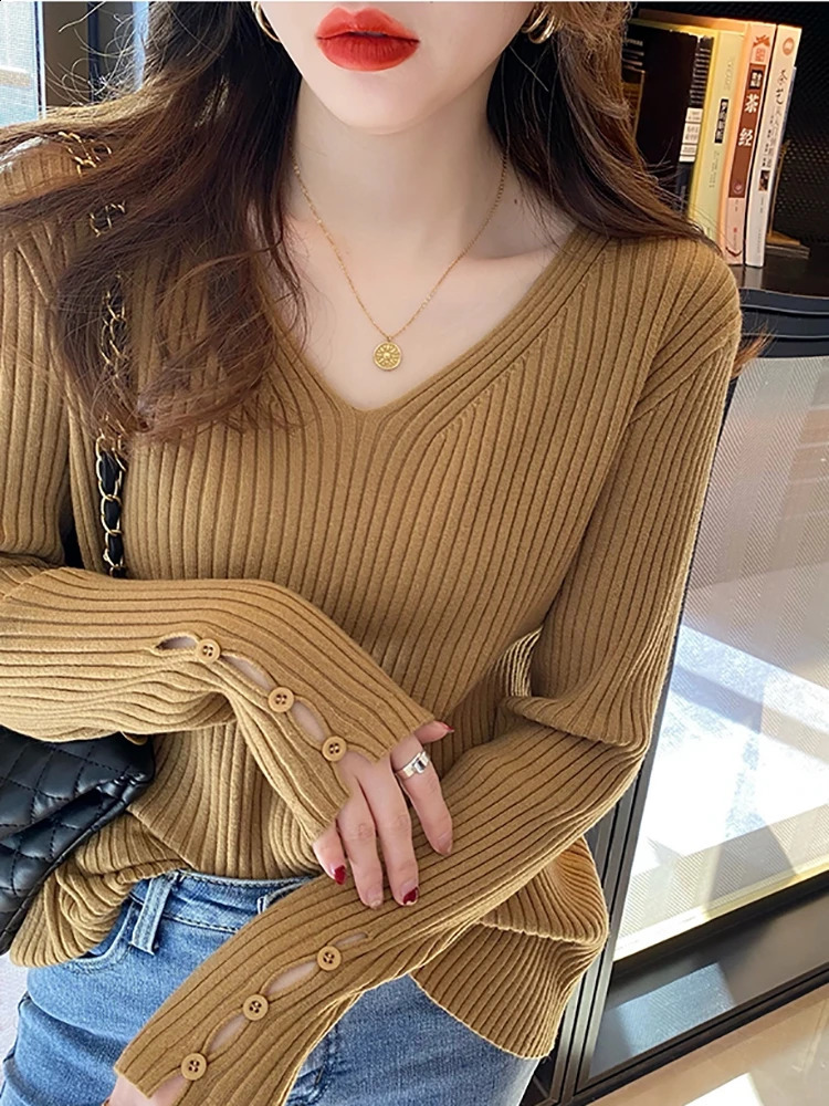 Long Sleeve Knitted V Neck Button Pullover Autumn Winter Women Sweaters Femme Basic Solid Jersey Tops Fashion Clothes 250815