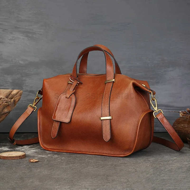 Johnature Vintage Solid Color Genuine Leather Handbag 2025 New Large Capacity Boston Womens Bag Casual Shoulder Bags Z250816