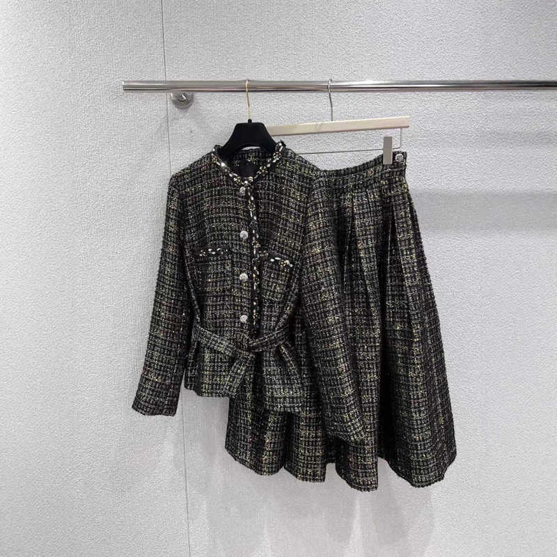 Two Piece Dress Designer dress Sets 25 Autumn Winter Handmade Wool Tweed Color-Block Set Classic Beaded Trim Jacket + Skirt X8UZ