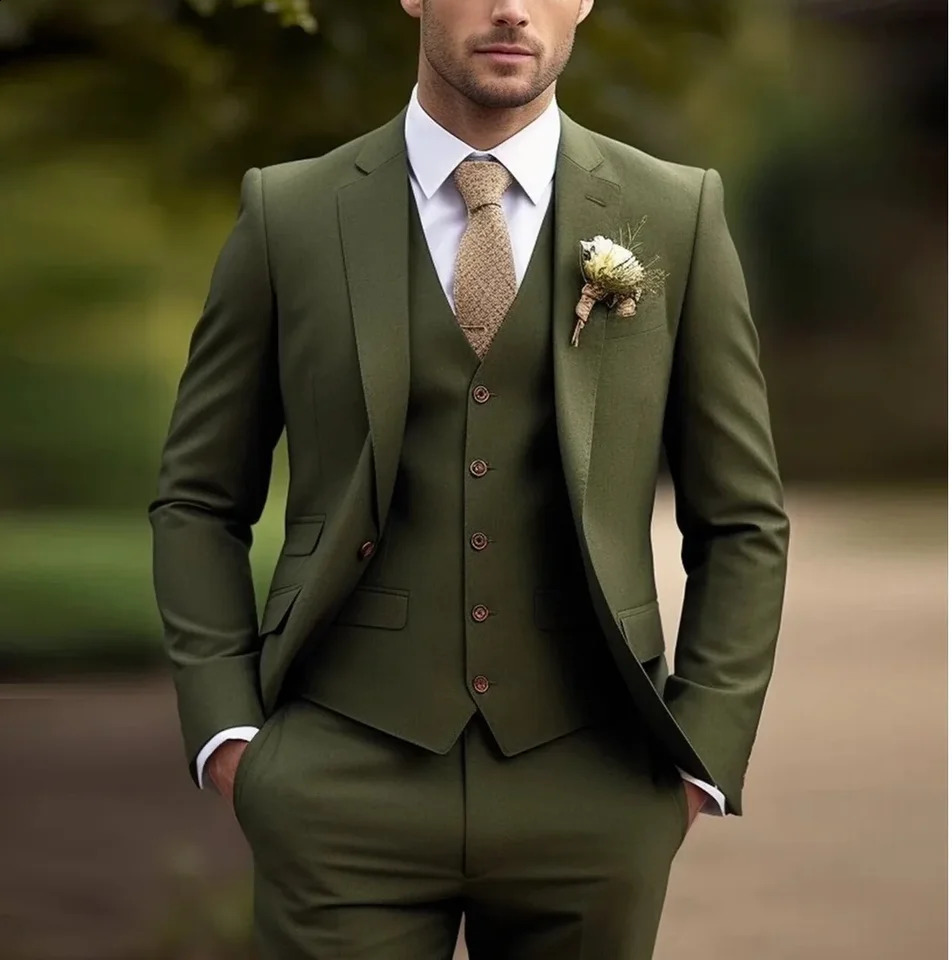 Elegant Mens Suits Full Set JacketVestPants Army Green Slim Fit Business Casual Tuxedo Blazer Beige Groom Wedding Terno 250811
