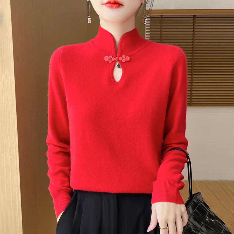Chinese Style Wool Knitted Womens Autumn And Winter Stand Collar Fashion Temperament Pullover Sweater ZD3012 250815