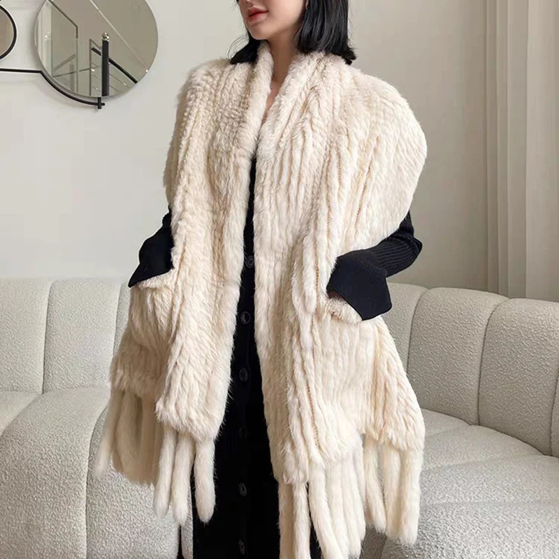 Autumn Fashion Knitted Fur Shawl Women Winter Real Rabbit Fur Scarf Thick Shawl With Tassel Ladies Knit Scarfs 250812