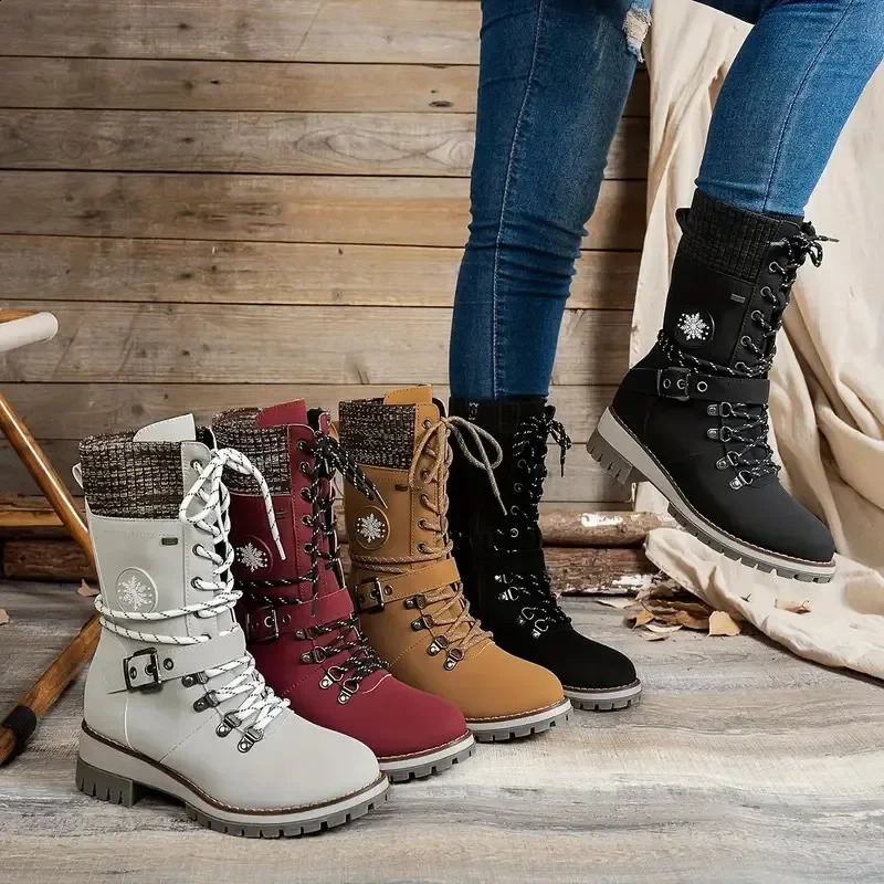 Womens Winter Side-pull Lace-up Knitted Mid-tube Boots Low-heeled Round-toe Boots High-quality Winter Warm Boots Botas De Mujer 250814