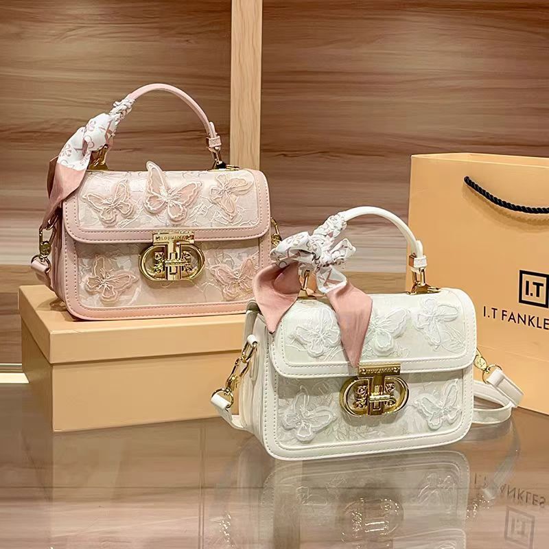 Genuine Leather New Fashion Lace Bow Cowhide Handbag Single Shoulder Crossbody Small Square Bag