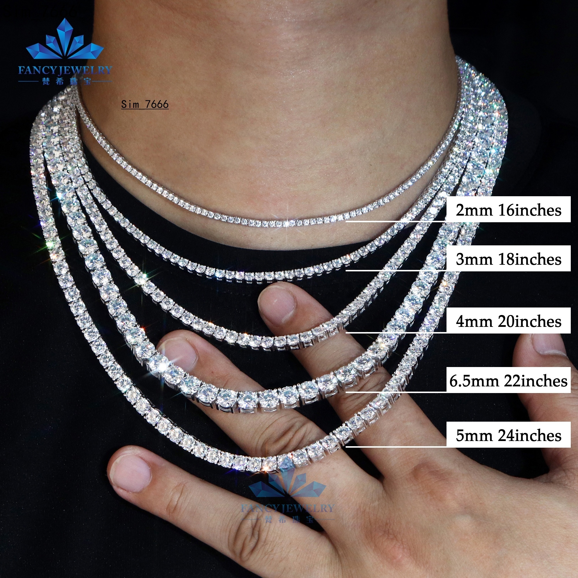 OEM ODM Custom Jewelry Wholesale Gold 925 Sterling Silver Iced Out 2/3/4mm Classic Moissanite Diamond Necklace Tennis Chain