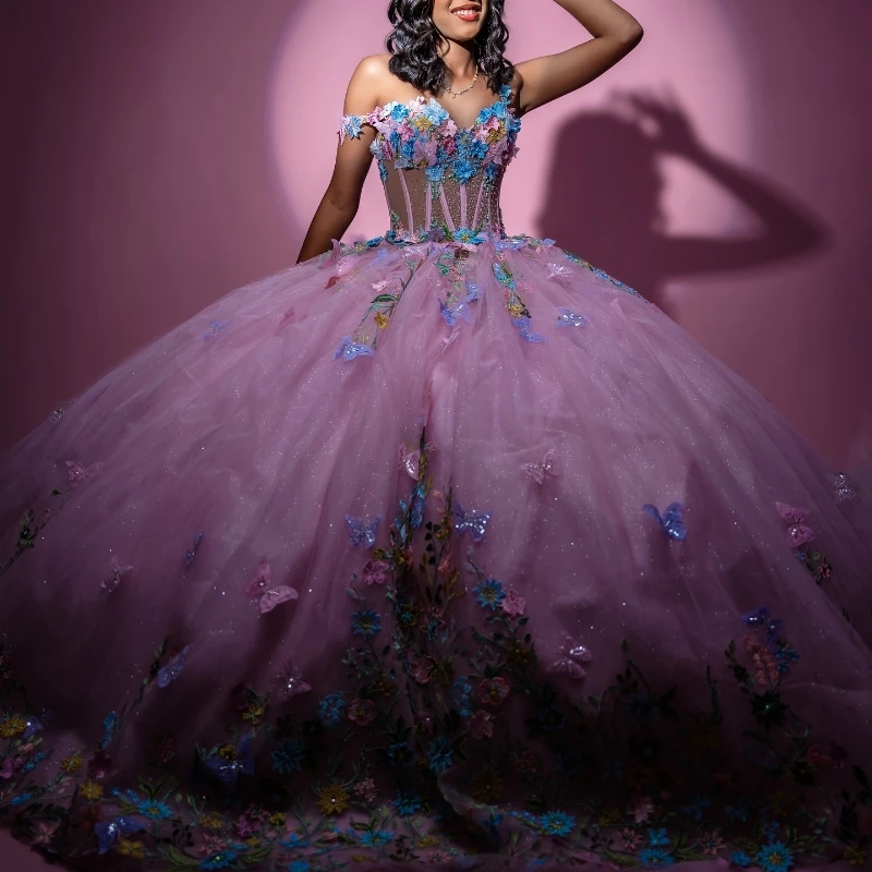Pink Quinceanera Robes de l'épaule d'anniversaire Fête APPLIQUE Perles d'arc