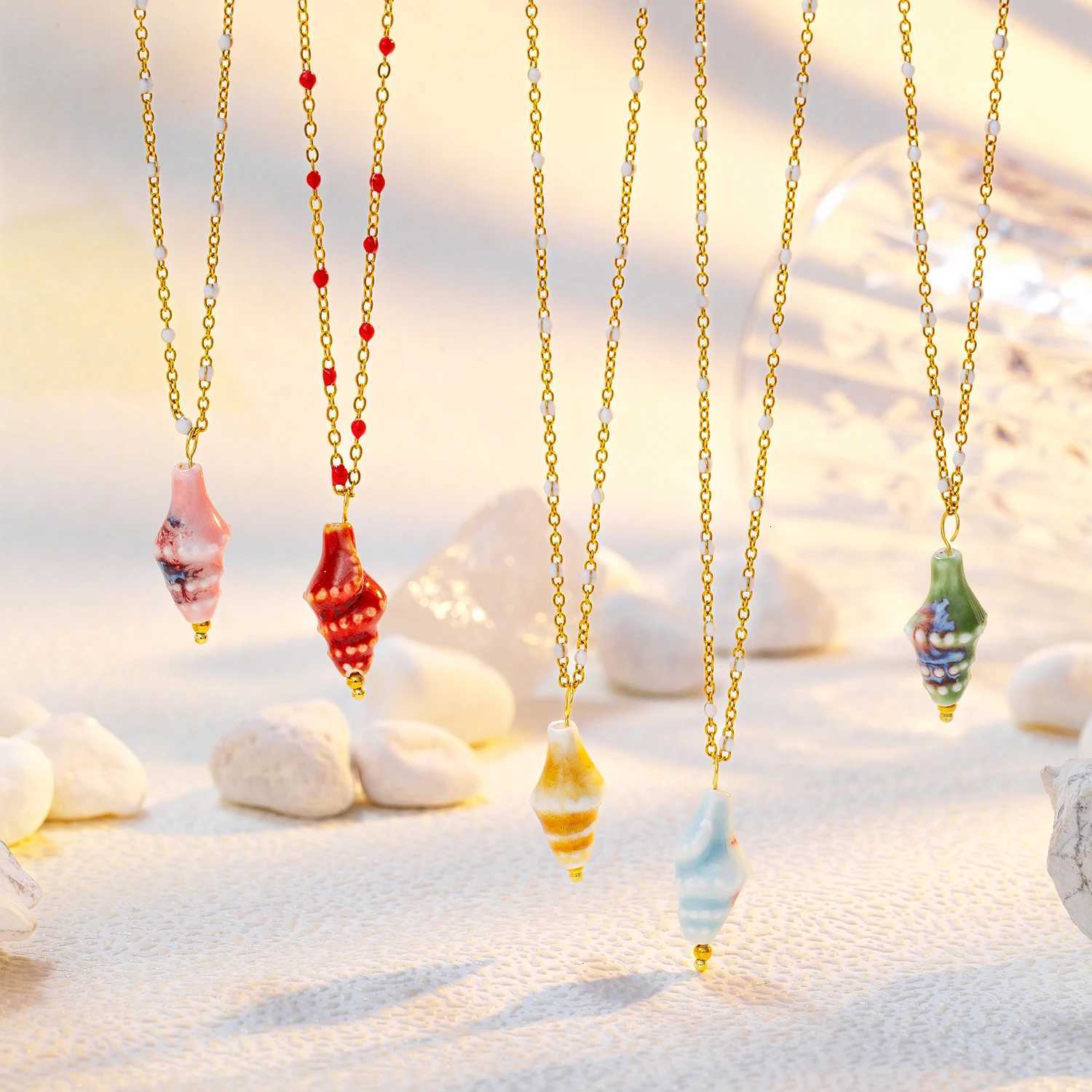 18K Gold Plated Hypoallergenic Stainless Steel Chain Ceramic Conch Pendant Necklace for Women - Summer Jewelry Gift XJ250816