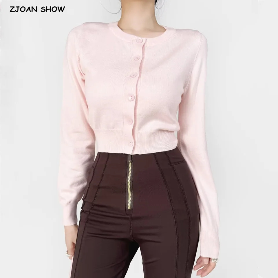 American Retro Button Through Pointelle Knit Cardigan Sweater Woman O collar Full Sleeve Jumper Cropped Knitwear Pink White 250811