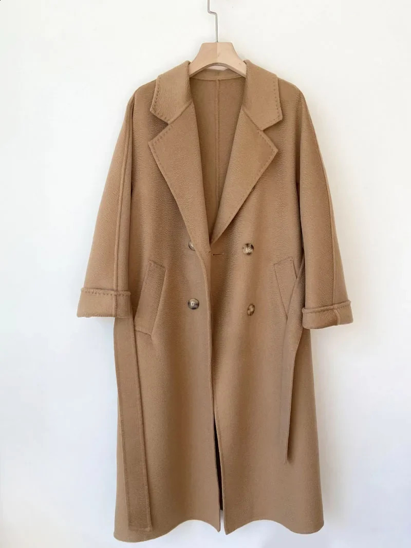 MAX Handmade Double Sided Cashmere Wool Water Ripple Women Coat Female Korean Double Breasted Long Woolen Coat for Women 250815