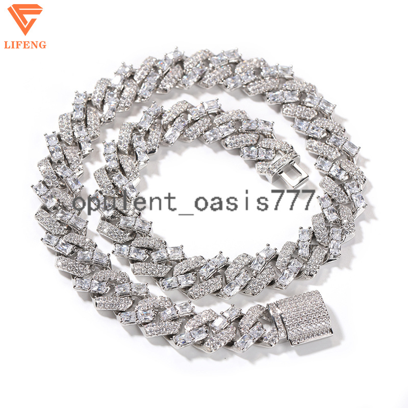 Iced Out 925 Silver Miami Cuban Chain Necklace Baguette Round Staggered 2 Row VVS Moissanite Diamond Men Prong Cuban Link Chain