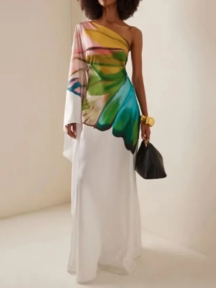 Yeezzi Womens Elegant Flower Printed Prom Banquet Long Dress One-shoulder Asymmetric Vacation Bohemia Beach Maxi Dress 250811