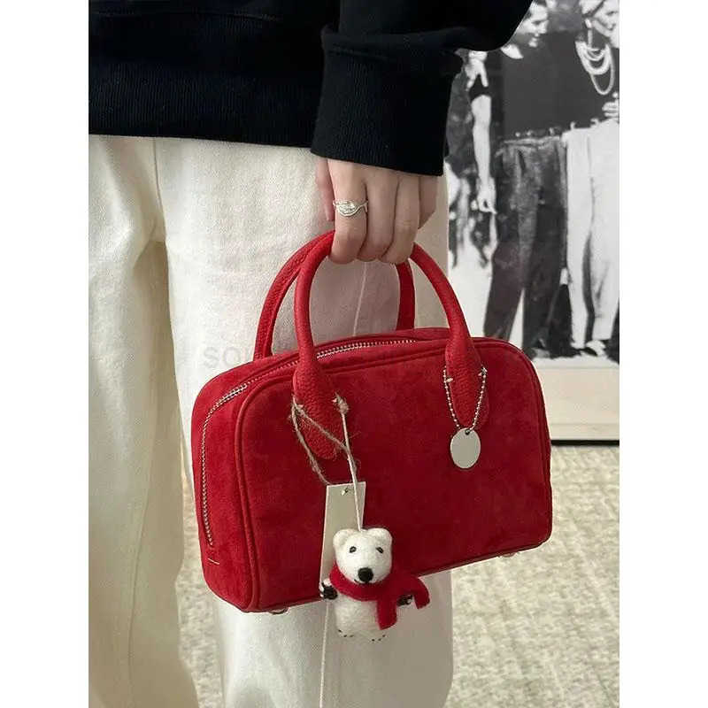 Red Faux Suede Bridal Wedding For Women 2025 New Style Light Luxury High end Handbag Korean Version Versatile Boston Bag Z250816