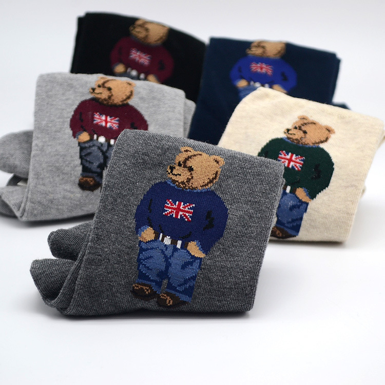 5pcs / lot Fashion Mens Designer chaussettes de créateurs dessins animés gentleman ours coton harajuku style sport garçons skateboard nouveauté c
