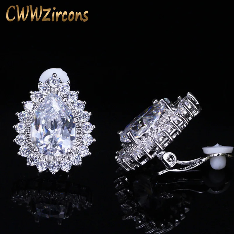 CWWZIRCONS Silicone Hold Gorgeous Big Big Laardrop Cumbic Zirconia Stone pas de Clip d'oreille percée sur des boucles d'oreilles pour les femmes