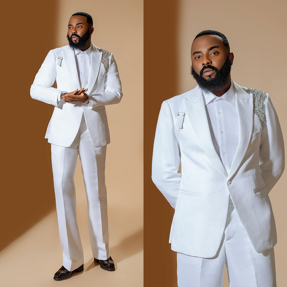 Simple Men Suits 2 Pieces Set Jacquard Peaked Lapel Jacket Tailor-Made Blazer One Button Evening Prom Groom Customized Coat Pants Plus Size