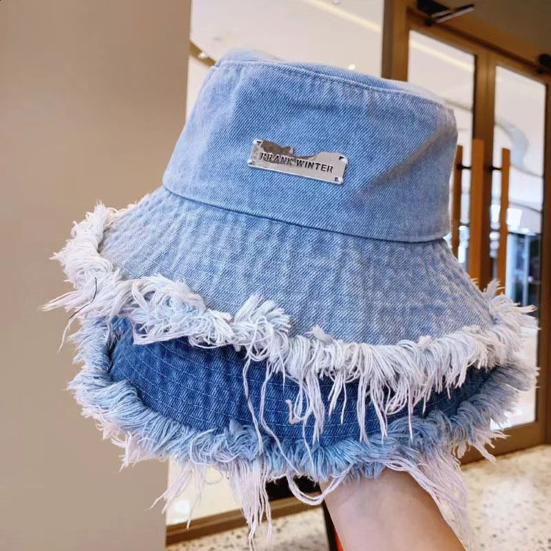 Korean Denim Bucket Hat for Women Vintage Metal Label Fisherman Cap Summer Lady Girl Sport Hiking Bob Caps 250815