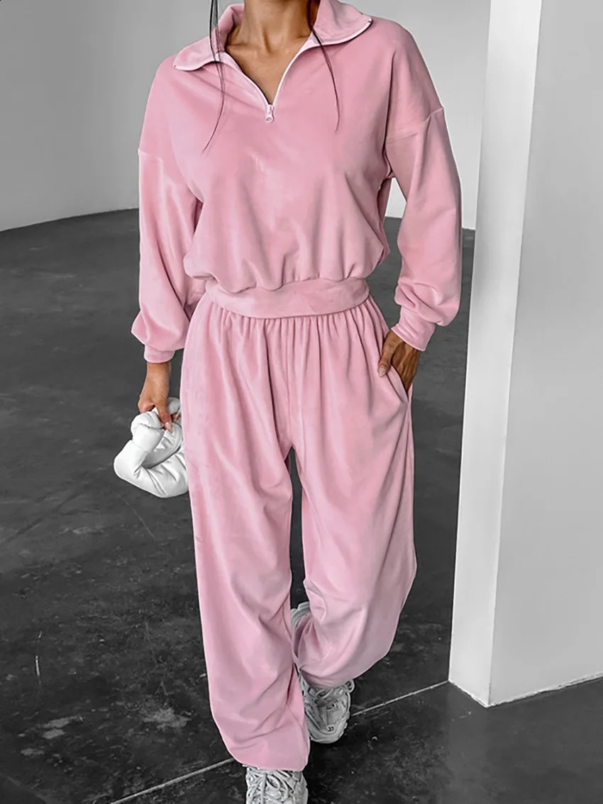 Velvet Casual Two-piece Set Women Pink Sporty Jogger Pants Sets Spring Autumn Knitwear SweaterHigh Waist Wide Legs Pants Outfit 250815