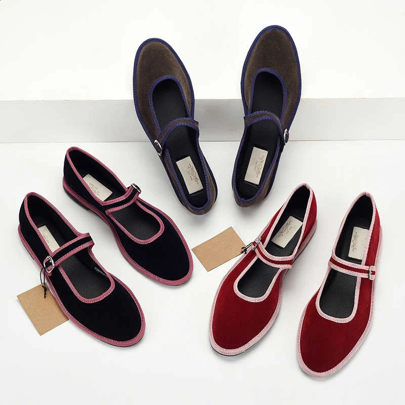 Appartements Mary Jane Chaussures Femmes Tenvet Velvet Streetwear Casual Streetwear Ladies Chaussais toile Boucle Pointed Toe Locs Elegant 250811