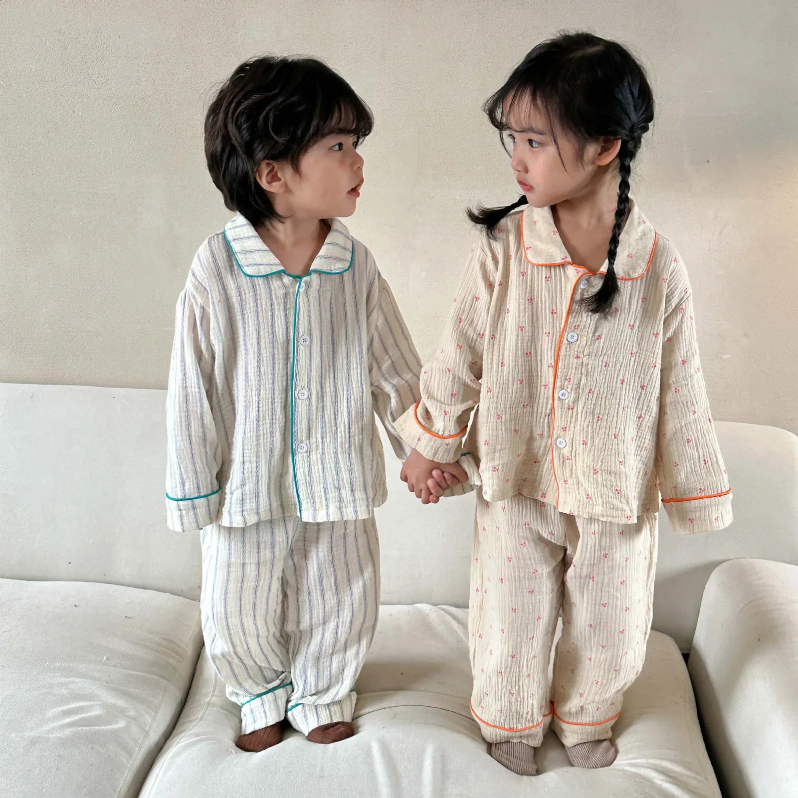 Pajama Sets Spring Autumn Season Pure Cotton Gauze Baby Long Sleeved Girl Boys Childrens Clothing Sleepwear 250812
