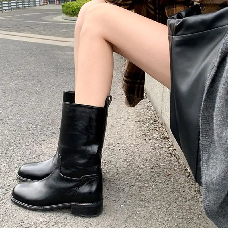 Biker Black Western Punk Mid Calf Shoes For Woman Womens Boots Half High Round Toe Quality On Offer Comfortable Goth Footwear 250809