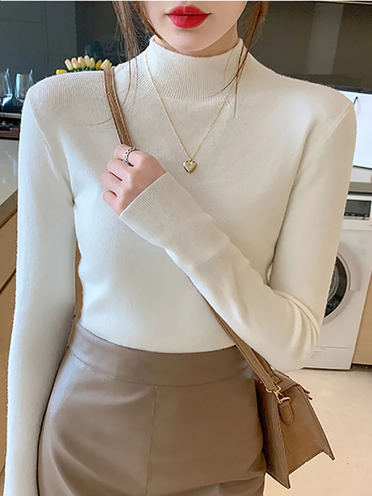 Zjaiss Women Knitted Pullovers Turtleneck Sweater Women Fashion Stretch Tops Long Sleeve Bottoming Knitted Sweater 250811