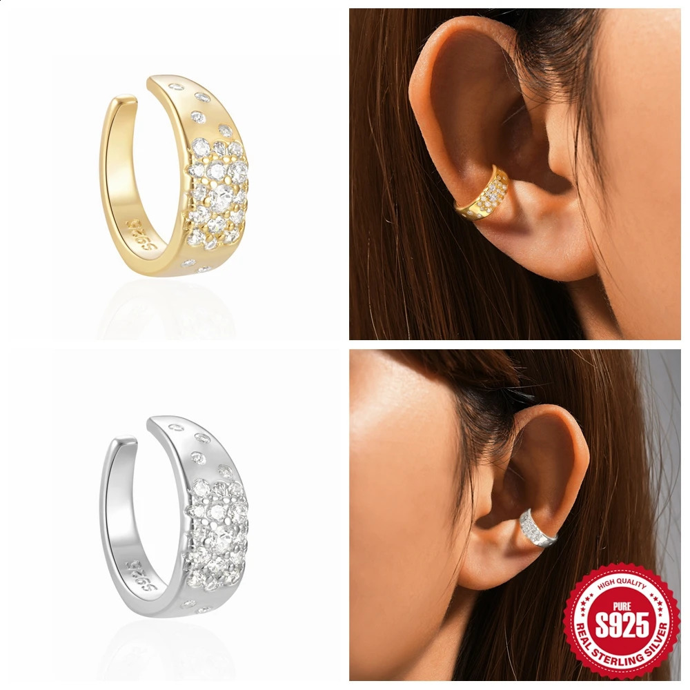 LENNIK 925 Sterling Silver Delicate Zircon Wide Clip Earrings Female Buckle Ear Cuff No Piercings Fake Cartilage Ear for Women250812