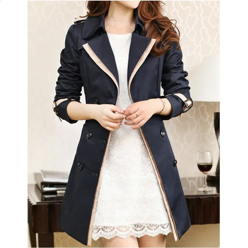 Slimming Womens Trench Jacket Spring Autumn Color Block Korean Style Row Buttoning Youthful Agereducing Trendy 250805