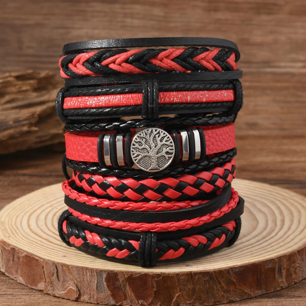 Mens Fashion Personalized Tree of Life Six-piece Bracelet Gothic Style Multi-layer Leather Woven Bracelet 250812