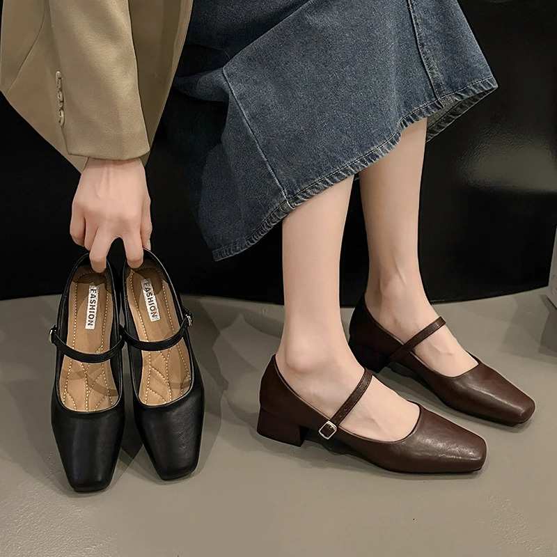 Français Mary Janes Chaussures femmes pompes printemps automne moyen talon épais carrés d'orteil carré bouton de bouton peu profond brun noir tal