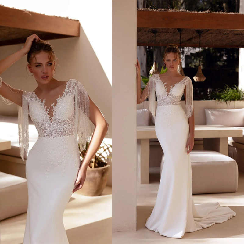 Robes de mariée sirène en satin dos en V V-Neck Applique à paillettes Poux de la mariée Vestidos de Novia personnalisés