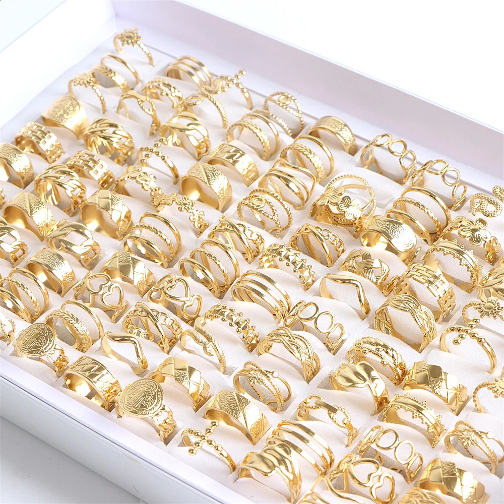 20pcs/lot Fashion Simple Stainless Steel Open Silver Gold Color Ring Jewelry For Women Men Mix Style 250811