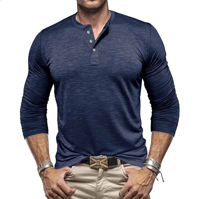 Mens Casual Breathable Tshirts Henry Shirt European and American Longsleeved Neck T shirt 250814