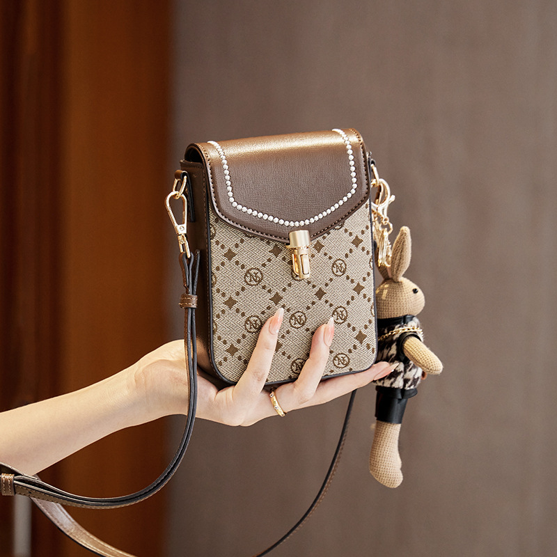 Women's Crossbody Cell Phone Purse, Extra-Large Half-Moon Shoulder Bag - Brown Chinese-Style Cotton Fabric Handbag with Embroidery, Sequins, Flap Po