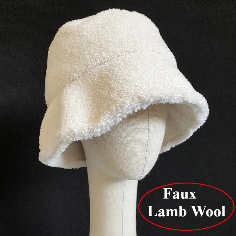 Korean Simple Lamb Wool White Bucket Hats Women Autumn Winter Plush Sun Hat Female Thickened Warm Versatile Basin Hat 250815