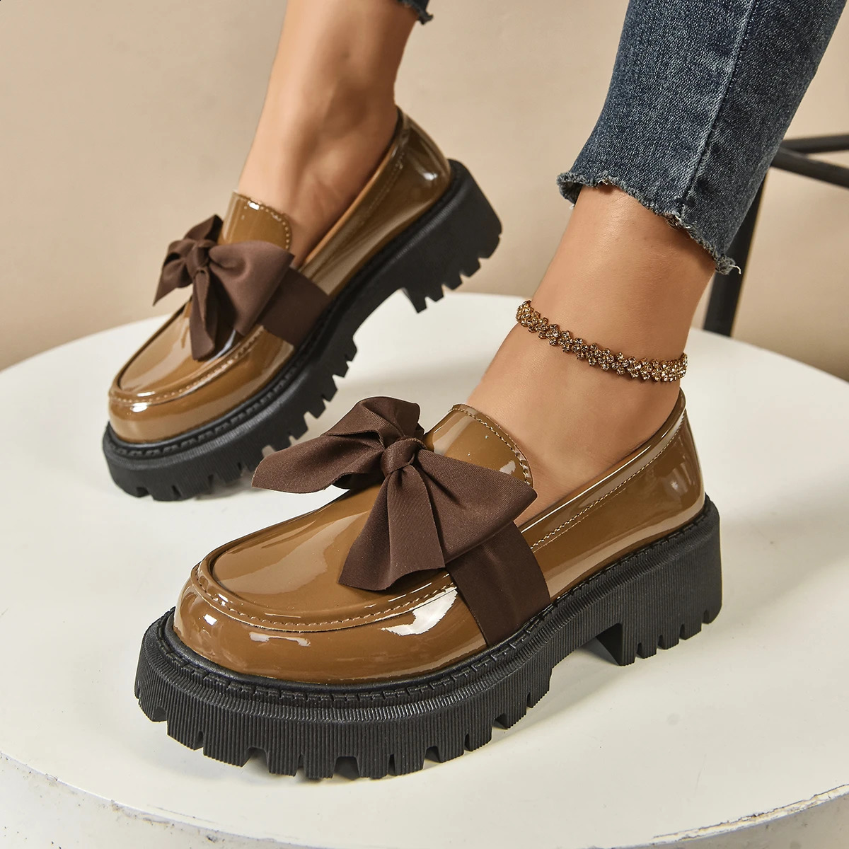 Womens British Style Loafers bowknot Chunky Heel Leather Flats Autumn Slip-On Shoes Versatile Work Shoes Platform Oxford 636 250811