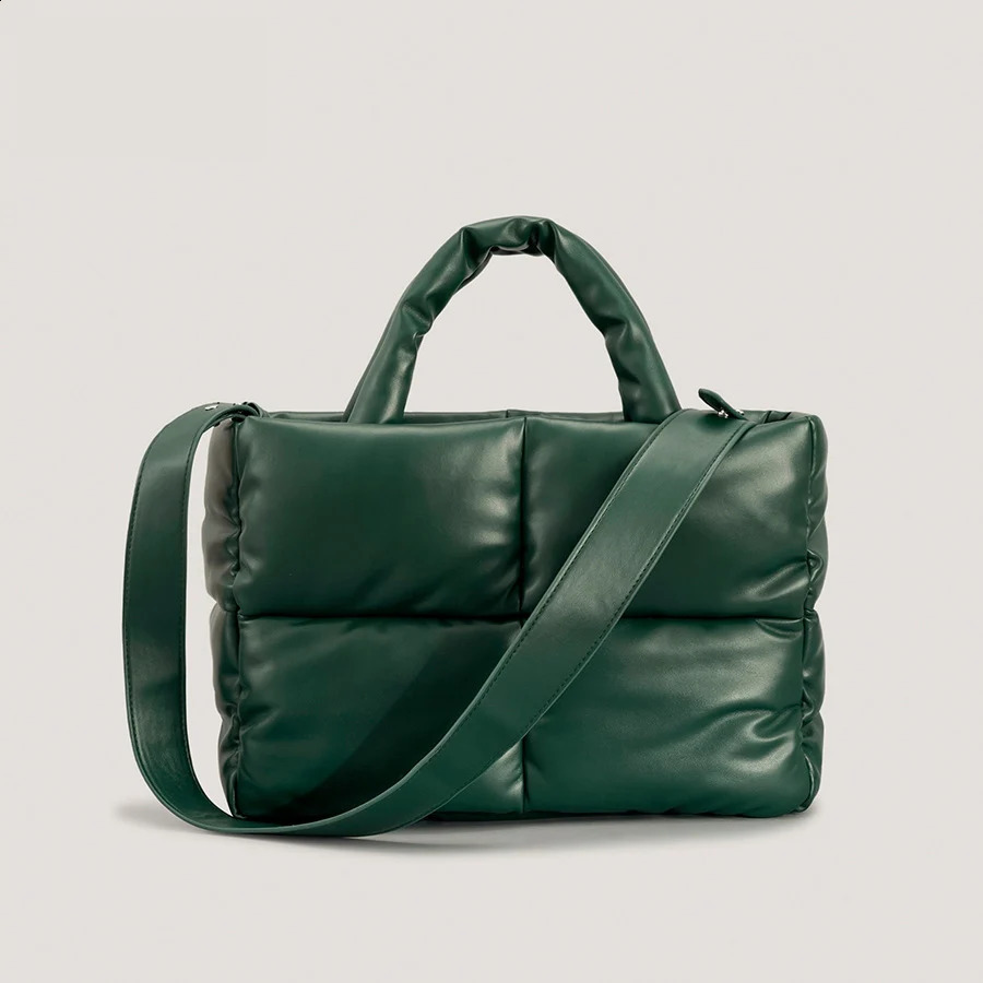 Fashion Leather Padded Tote Bag for Women er Quilted Handbags Soft Pu Shoulder Bags Down Cotton Winter Bag Big 2024250813