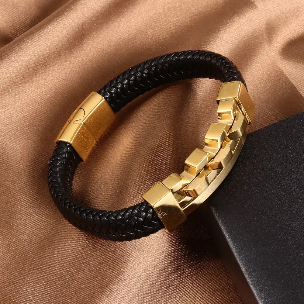 Trend Multi-Layer Leather Braided Hollow Lock Magnetic Buckle Bracelet Glamour Mens Bracelet Fashion Jewelry Punk Accessori 250812