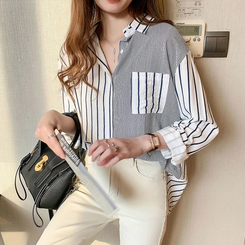 2025 Korean Summer Trendy Womens Shirt Loose Casual Striped Patchwork Shirts Pocket Office Lady Sweet Top Blouses 250813