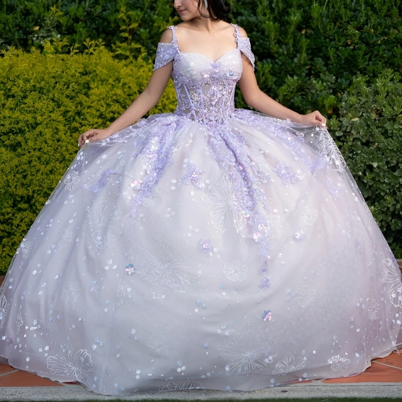 Lavande Shiny Princess Sweet 16 robe quinceanera robes perles appliques en dentelle tull corset fête anniversaire vestido de 15 anos robe de bal