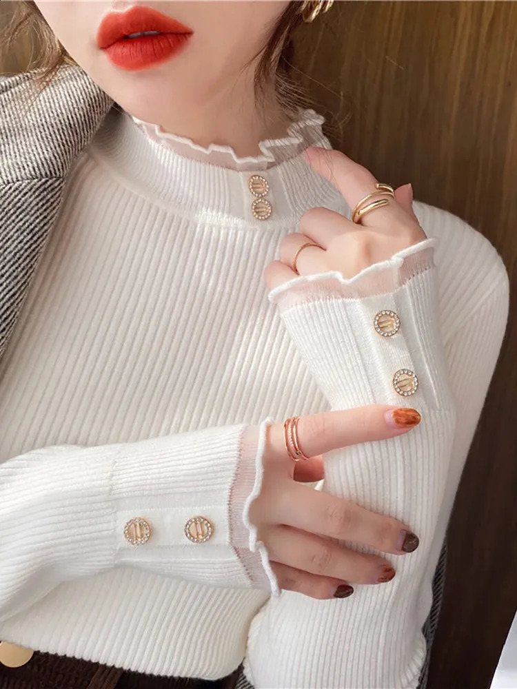 Knitted Women Sweater O-neck Button Pullovers Spring Autumn Basic Sweaters for Female Pullover Slim Solid Bold Lace Tops 250811