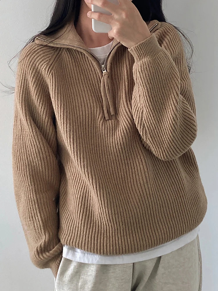 Korean Womens Sweater Loose Zippers Turtleneck Warm Solid Pullover Knitwear Basic Female Tops Autumn Winter Sweaters 250815