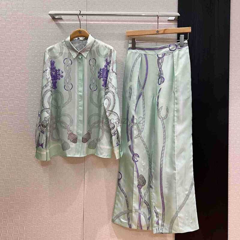 Womens Two Piece Pants designer Socialite Trendy Brand Mulberry Silk Chain Print Long Sleeve Loose Shirt Straight Wide Leg Pants for Woman