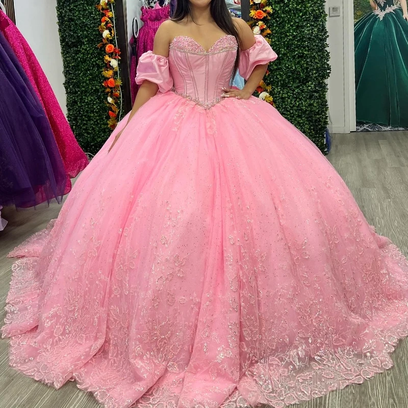 Pink Quinceanera Dresses Off The Shoulder Vestidos De 15 Anos Beads Sequin Applique Corset Birthday Party Sweet 16 Dress