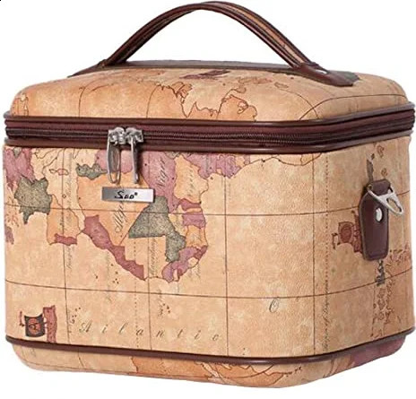 Women PU Leather Cosmetic Case Map Print Hard Makeup Case Toiletry Bag Train Case Professional Cosmetic Bags Makeup Suitcase 250812