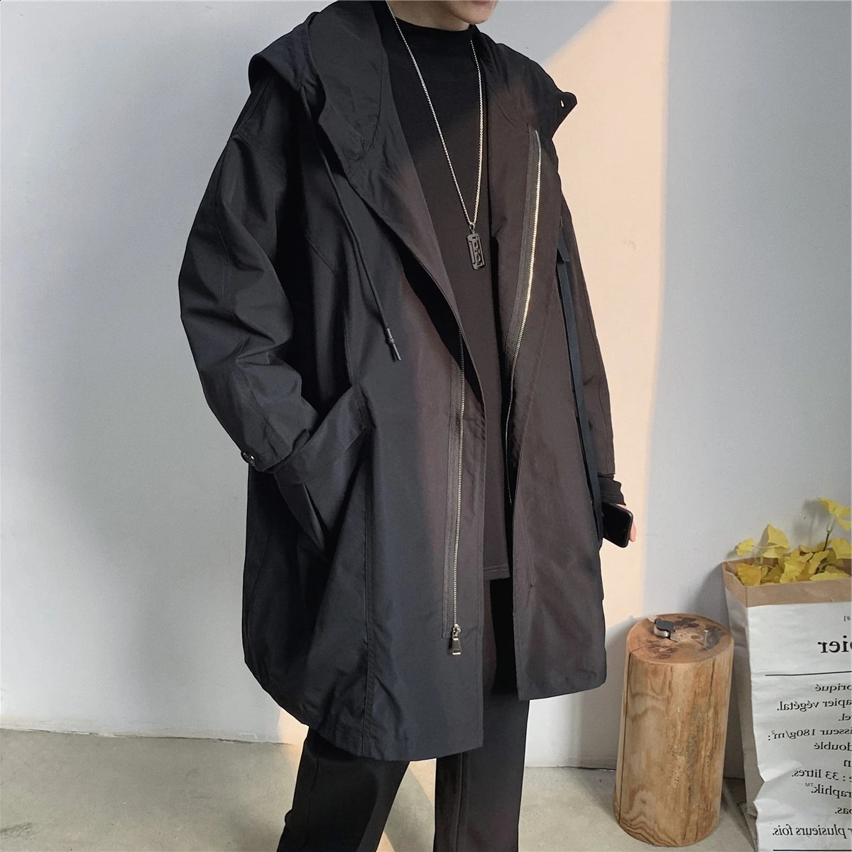Casual Sli Mens Windbreaker Jaet Hooded Oversize MidLength Loose Top Spring Trendy Garment Tagkita 250805