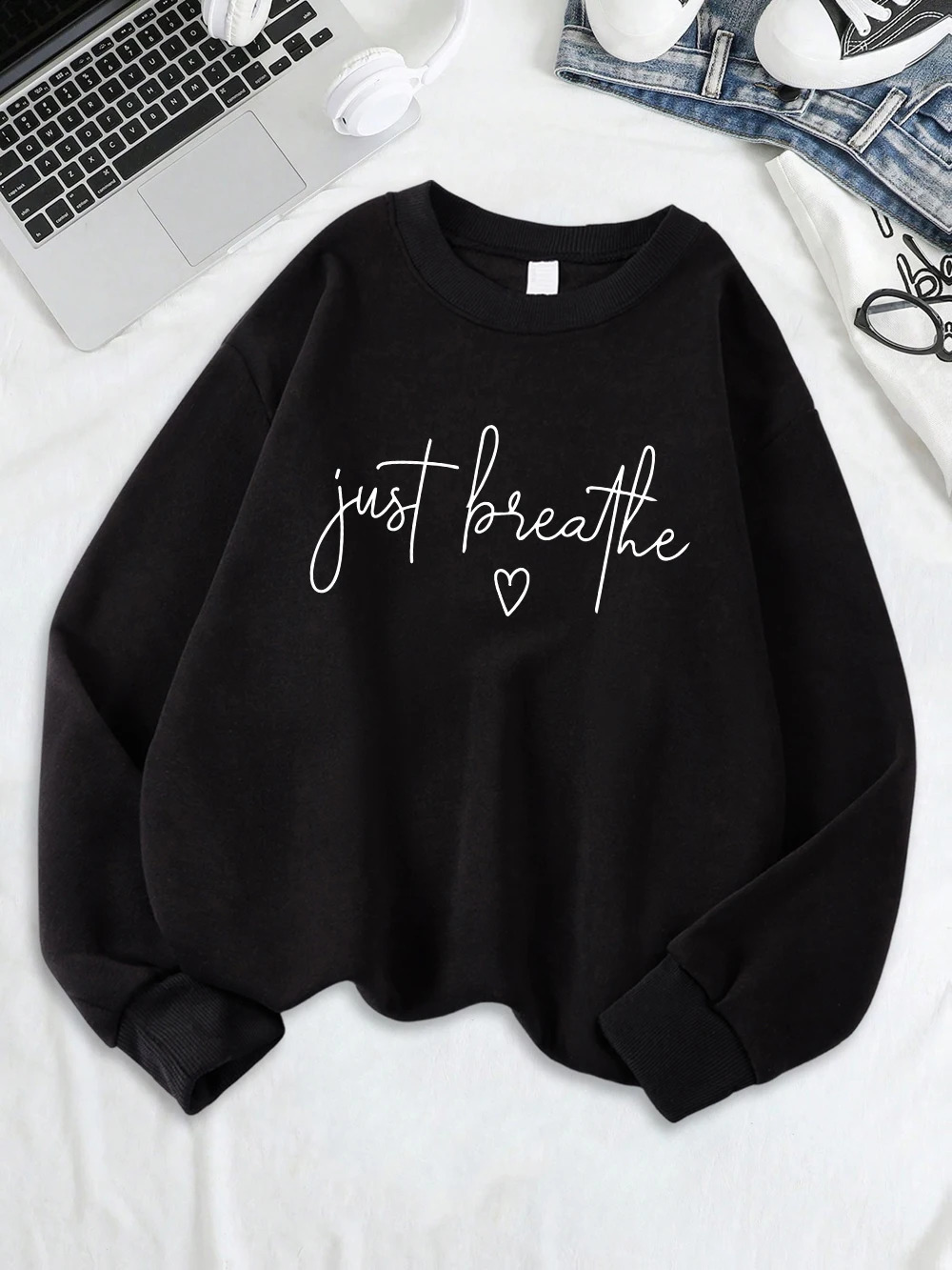 Just Breathe Love Printing Sweatshirt Womens Loose Sporty Hoodie Fleece Warm Crewneck Clothes Winter Casual Woman Sportswear 250815